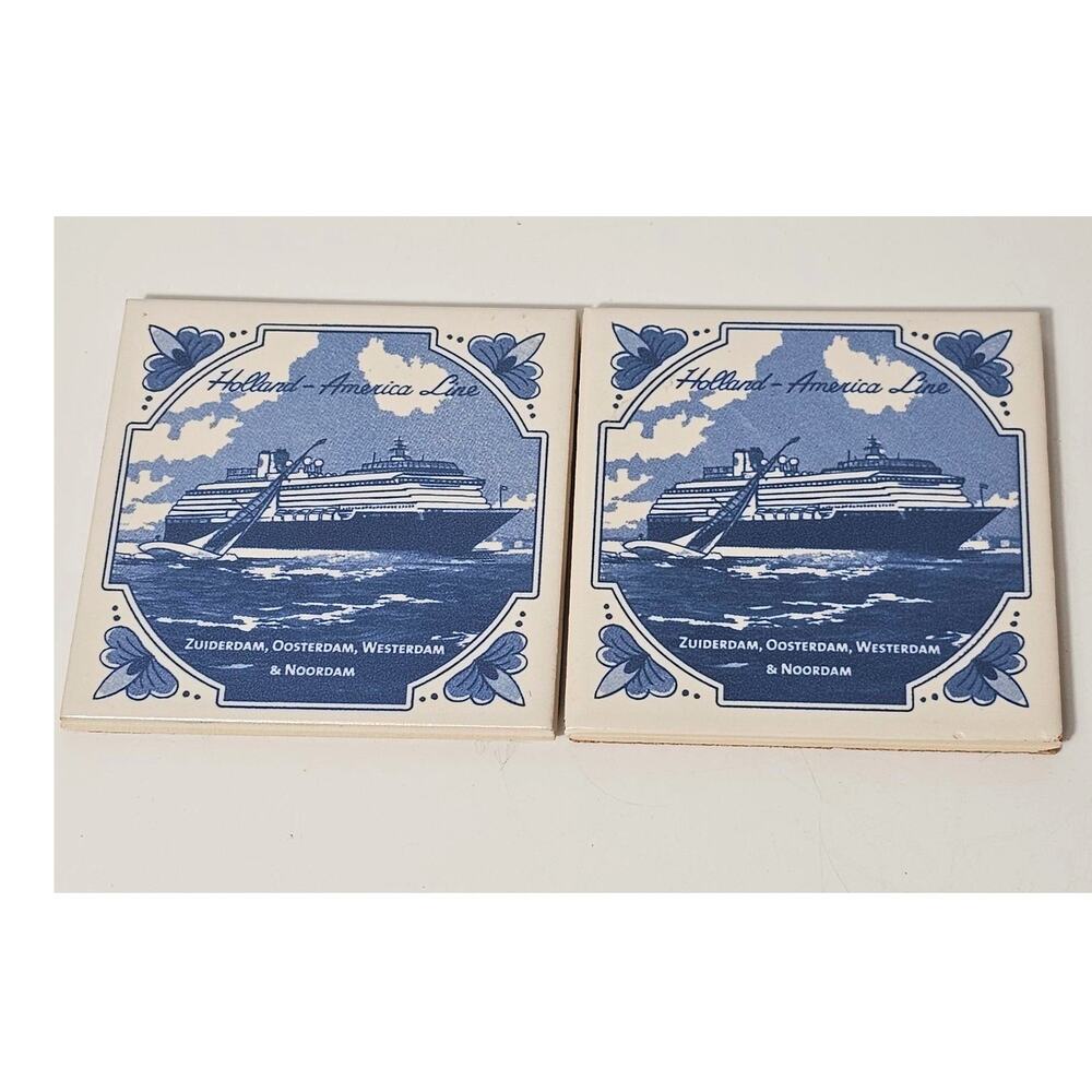 Vintage Early 2000s Holland America Line Delft Tiles, Set of 2